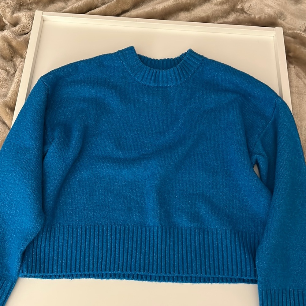 Small blue Zara ribbed knit top.